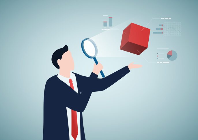 Business case study or marketing research, analyze product prototype or competitor, learning or search for strong and weakness Illustration of a guy with a magnifying glass sighting a cube floating in front of him.