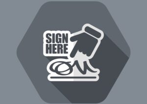 Icon-like illustration of hand pointing to scrawled signature, next to a sign that says "SIGN HERE."