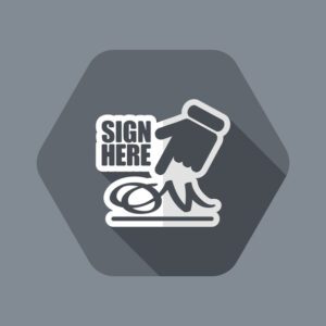 Icon-like illustration of a finger pointing to a scrawled initial, with an inset sign that says "Sign Here."