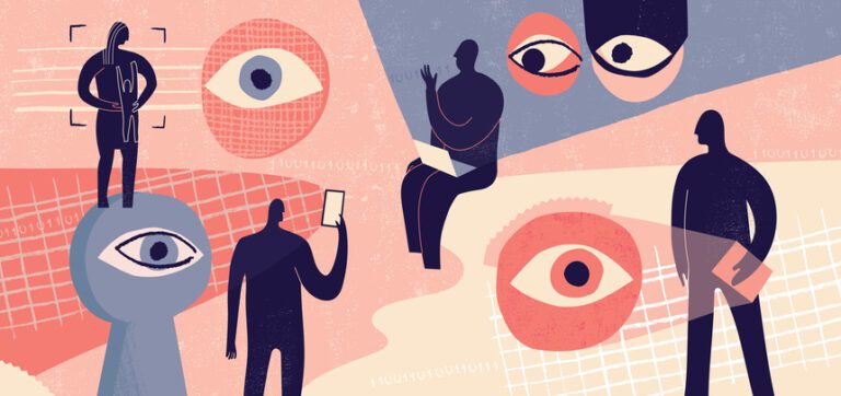 Privacy And Information Technology Abstract illustration: Silhouette figures arranged on cubist-like background, along with surreal representations of eyes.