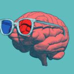 Color caricature illustration of a human brain "wearing" 3-D glasses, i.e., one lens is tinted red, the other blue.