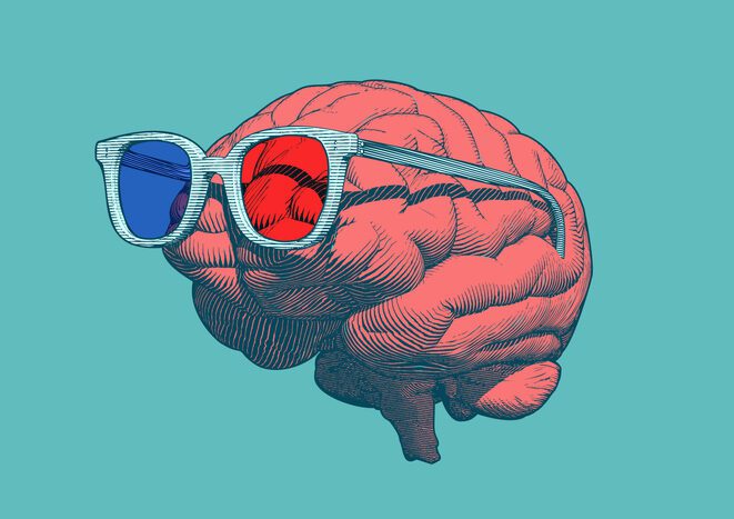 Color caricature illustration of a human brain "wearing" 3-D glasses, i.e., one lens is tinted red, the other blue.