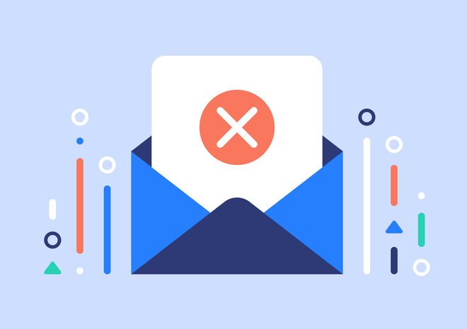 Vector disapproved email illustration. Abstract illustration that includes a piece of paper with a big "x" on it half-way inserted into an envelope.