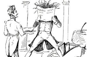 Retro drawing of 19th century figures - two men. One observes the other, who is holding a newspaper closely in front of his face, his hair standing on end.