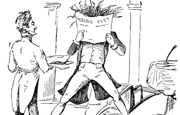 A man stands next to the breakfast table and holds the morning newspaper in front of his nose, his hair standing up horrified Retro drawing of 19th century figures - two men. One observes the other, who is holding a newspaper closely in front of his face, his hair standing on end.