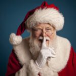Man in Santa Claus costume looking at viewer, with his finger over his mouth as of to say "shhh."