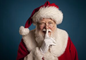 Man in Santa Claus outfit, holding his finger to his lips as a gesture to be quiet.