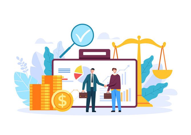 Brker banker finance management customer concept. Vector flat graphic design illustration Icon-laden illustration: two figures with briefcases shaking hands; justice scales; gold dollar sign coin, etc.