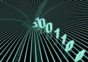 Vaguely psychedelic rendering of a trail of zeros and ones disappearing down a black hole.