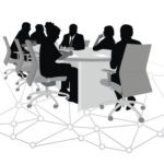 Silhouette figures around a conference table, with a network of lines coming off the bottom of the tableau, as if they are relating and deliberating.