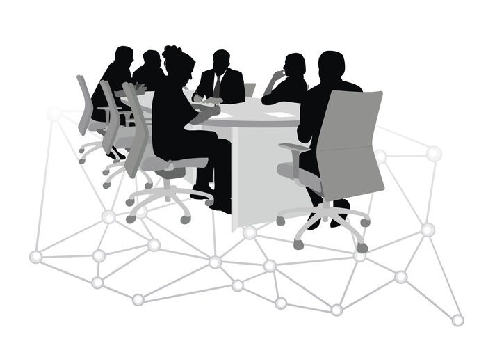 Silhouette figures around a conference table, with a network of lines coming off the bottom of the tableau, as if they are relating and deliberating.