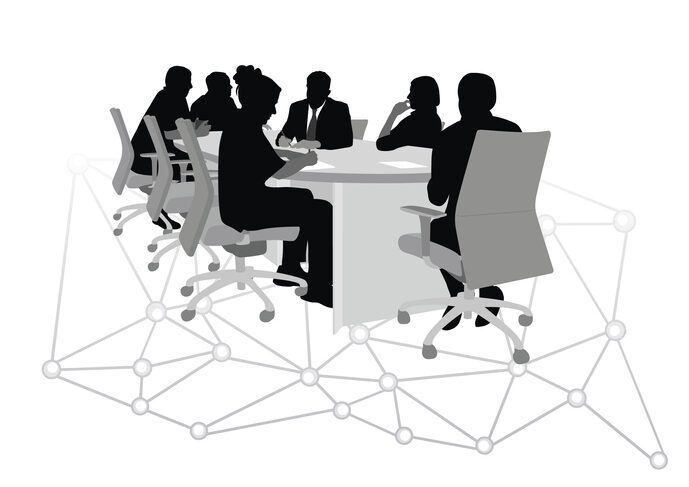 Boardroom Connect Silhouette figures around a conference table, with a network of lines coming off the bottom of the tableau, as if they are relating and deliberating.