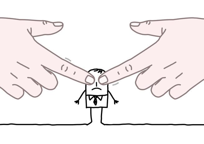 Big Human Hands Closing Eyes of a Cartoon Man Cartoon sketch: Two giant hands have index fingers covering the eyes of a small cartoon figure of a man.