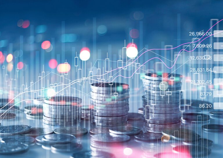 Financial stock market graph and rows of coins growth, abstract and symbol for finance concept, business investment and currency exchange, on blue background. Financial stock market graph and rows of coins growth, abstract and symbol for finance concept, business investment and currency exchange, on blue background.