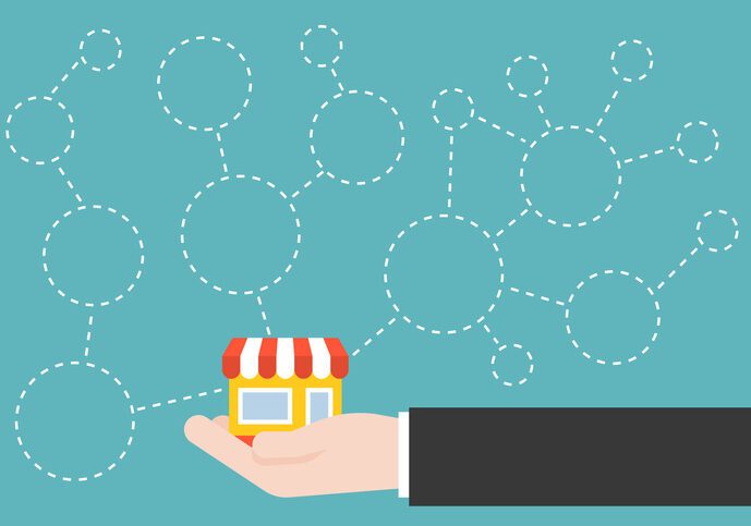 Business hand and store icon with branches and blank circle, template for franchise or store on e commerce concept in flat style Stylized illustration: small model of an iconic snack stand held in the cupped hand extending into the picture. The stand is connected to some kind of network diagram.