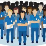 Illustration of a diverse group of health care workers, all wearing scrubs, standing in a group facing the viewer.