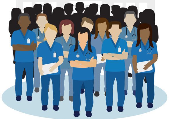 Illustration of a diverse group of health care workers, all wearing scrubs, standing in a group facing the viewer.
