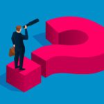 Symbolic illustration: Man looking through a telescope is standing on the dot of a question mark laid on its side, looking out over the question mark into the distance.