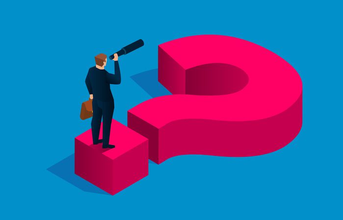 Solving business problems, businessman holding binoculars standing on question mark Symbolic illustration: Man looking through a telescope is standing on the dot of a question mark laid on its side, looking out over the question mark into the distance.