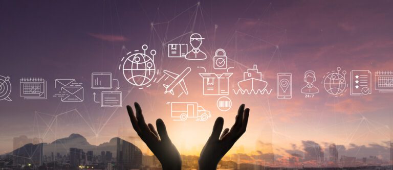 Businesswoman hands using showing global logistics network distribution and transportation Ui, Smart logistics, Innovation future of transport on blur background. A group of business and production icons suspended ghost-like over a silhouette of two hands capped open, with a skyline in the background.