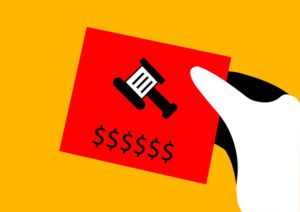 Stylized illustration, ghostly white hand holds a red ticket, on which is printed a gavel and some dollar signs.