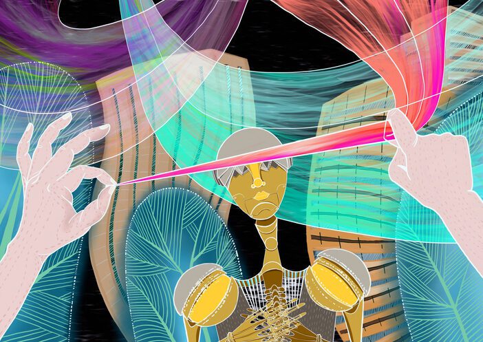 Colorful collage with a vaguely robotic looking figure being "measured" by delicate hands that are holding a colorful ribbon or tape.