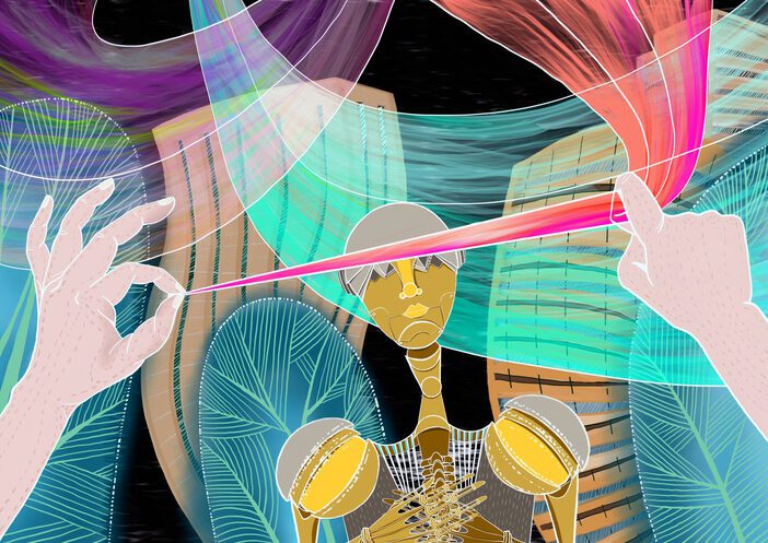 human and artificial intelligence Colorful collage with a vaguely robotic looking figure being "measured" by delicate hands that are holding a colorful ribbon or tape.