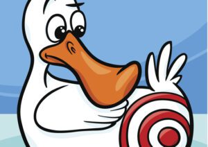 Cartoon duck looking backwards woefully at a red target painted on its rear.