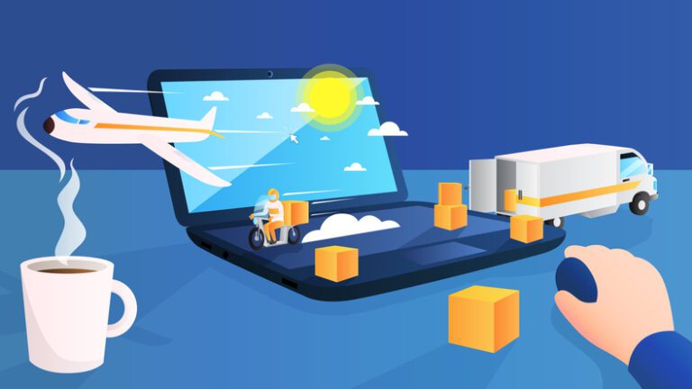 Online shop Logistics Transport Symbolic illustration: Laptop open, images of airplane, truck and boxes of stuff arrayed over the keyboard; a guy's hand is holding a mouse, with a cup of coffee nearby.