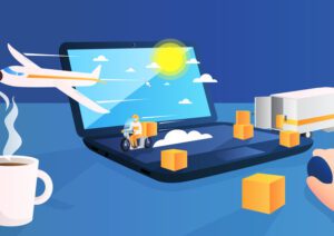 Symbolic illustration: Laptop open, images of airplane, truck and boxes of stuff arrayed over the keyboard; a guy's hand is holding a mouse, with a cup of coffee nearby.