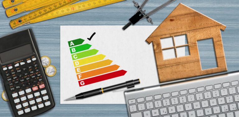 House Energy Efficiency Rating - Small Wooden Model House on Desk Collage of images: wood house model, measuring tape, keyboard, calculator and color diagram.