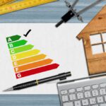 Collage of images: wood house model, measuring tape, keyboard, calculator and color diagram.