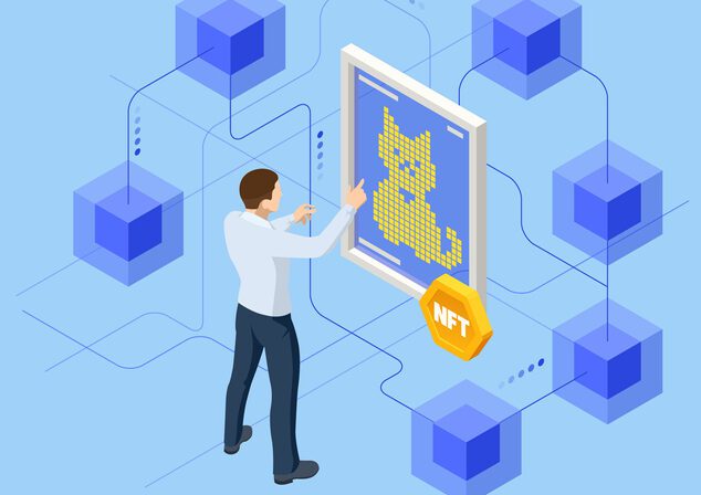 Isometric NFT Non-fungible token is a unique and non-interchangeable unit of data stored on a digital ledger blockchain. Digital art NFTs, generative art Color illustration of man looking a canvas of what appears to be a digital rendering of a cat.