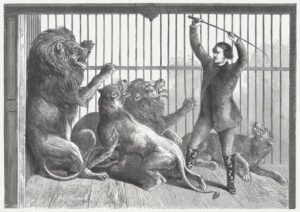 Old fashioned black and white illustration of lion tamer in somewhat comical posed position lording it over some caged lions.