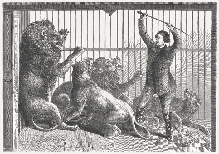 Tamer in the lion's cage, wood engraving, published in 1864 Old fashioned black and white illustration of lion tamer in somewhat comical posed position lording it over some caged lions.