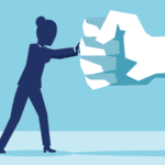 Symbolic illustration: Silhouette figure is leaning into a giant close fist, as if trying to pry it open.