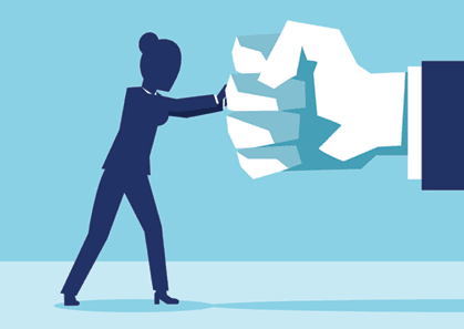 gender equality aggression resistance Symbolic illustration: Silhouette figure is leaning into a giant close fist, as if trying to pry it open.