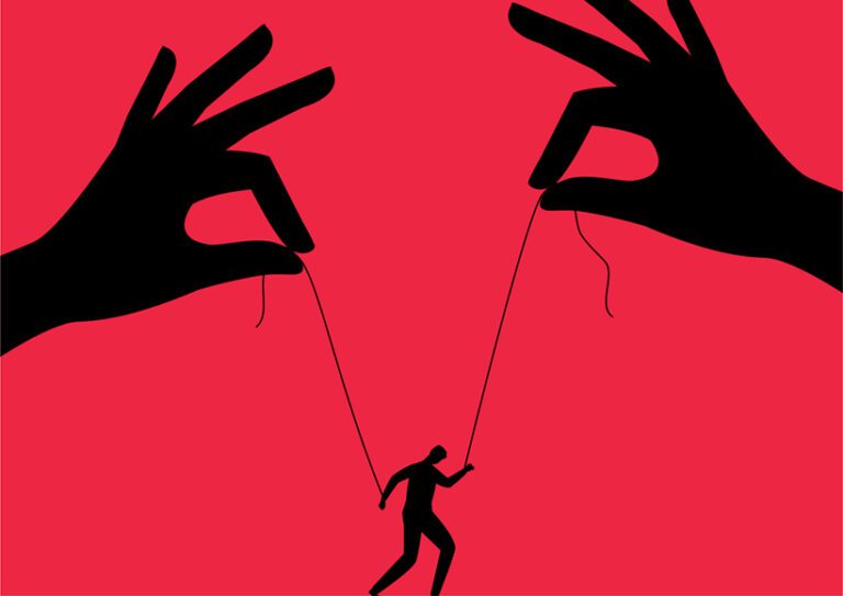 person being held by strings like a puppet