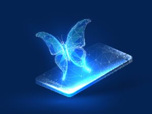 digital transformation concept, digital butterfly emerging from device
