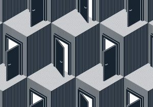 Abstract illustrationn or design featuring a pattern of slightly open doors in their door frames.